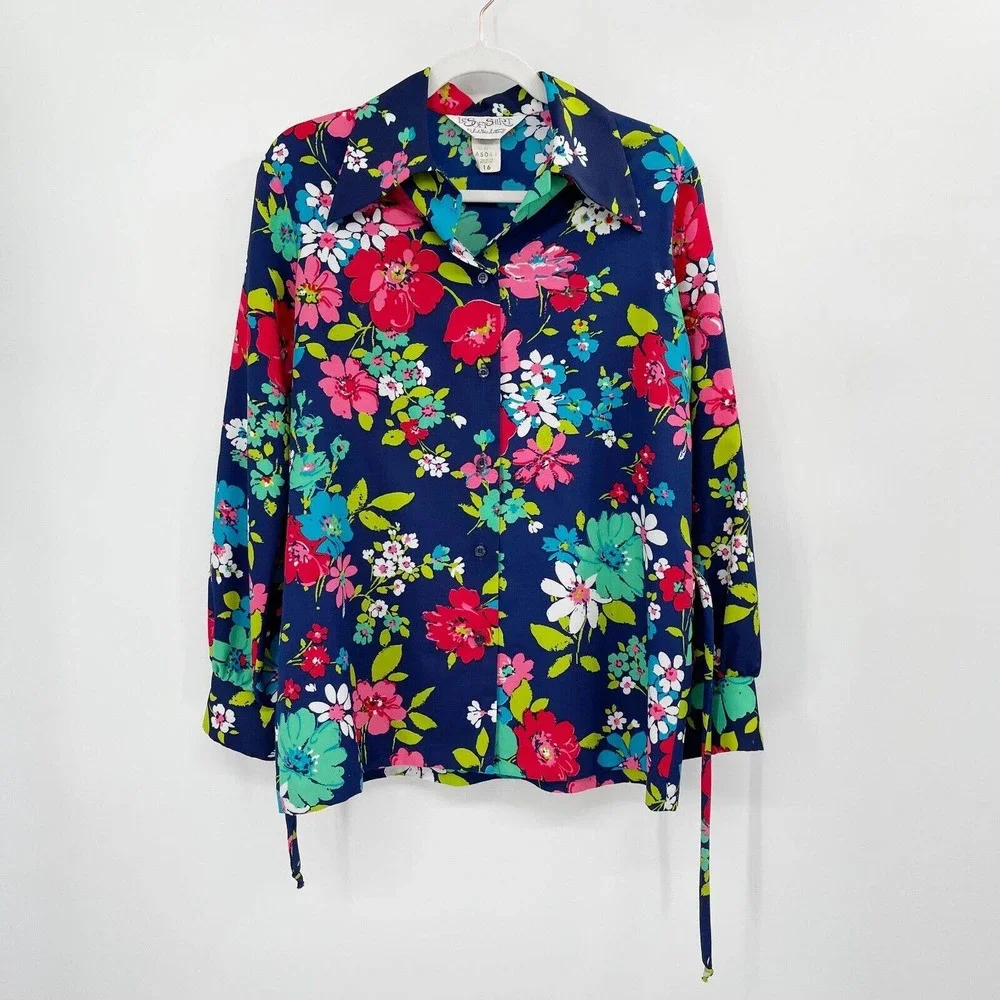 Le Soft Shirt by Lady‎ Manhattan Floral Shirt Size 16 Button Down Belted Vintage